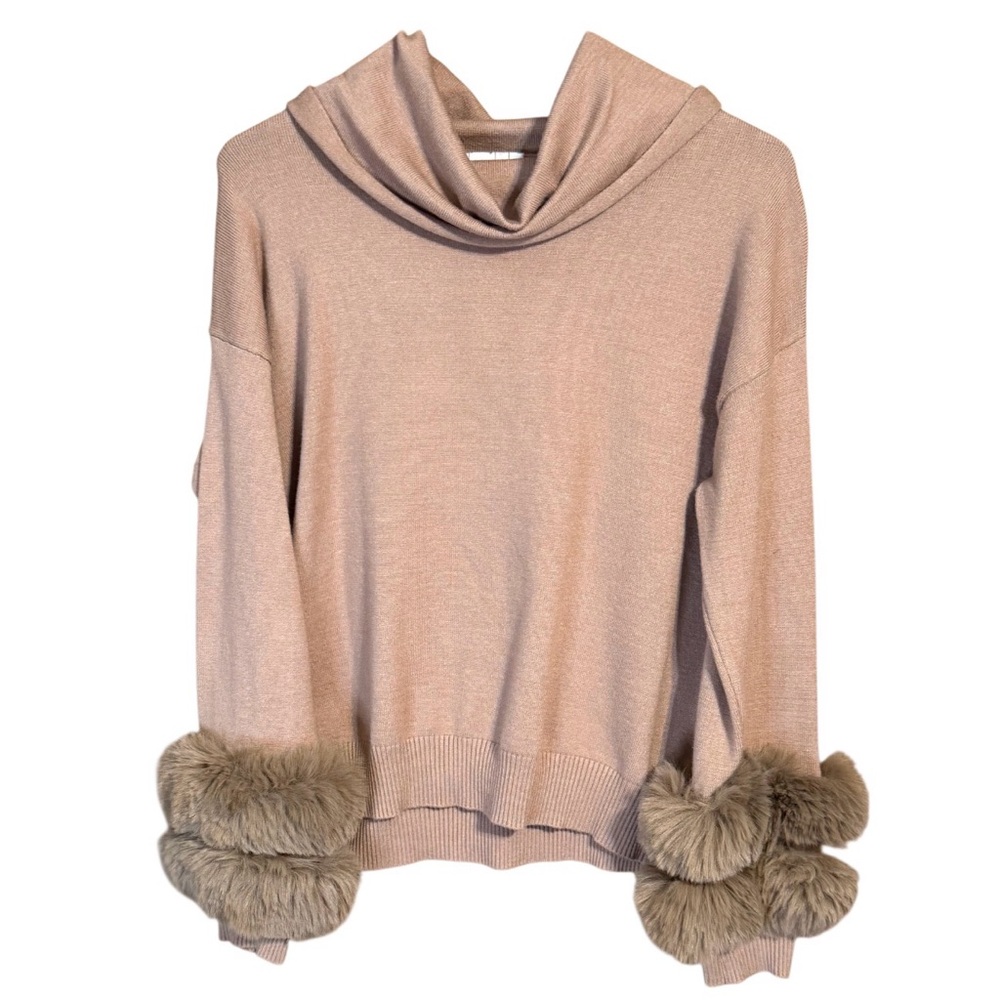 BIRCH NY Faux Fur Cuff Sweater Large Beige Cowl Neck Knit Top